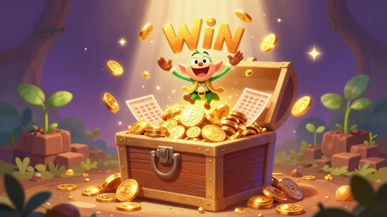 A vibrant Disney-style cartoon featuring Swappi's 'Win' lottery and staking rewards, depicted as a magical treasure hunt with playful elements.