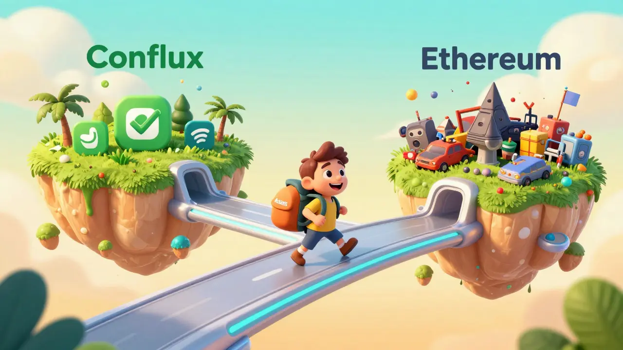 A whimsical Disney-style illustration showing Swappi as a secure bridge between Conflux and Ethereum, highlighting user-friendly asset management.