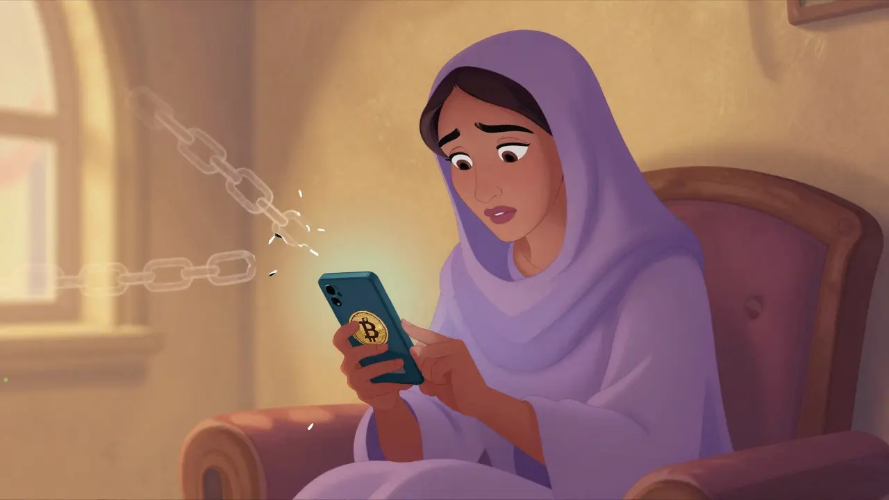 Afghan woman using phone for crypto freedom in Disney style