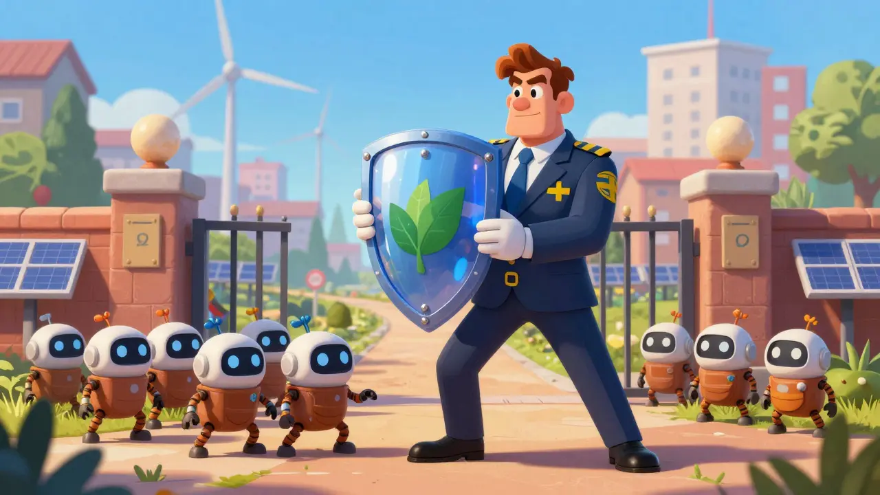 Animated Swedish official shielding the country from mischievous crypto miner robots