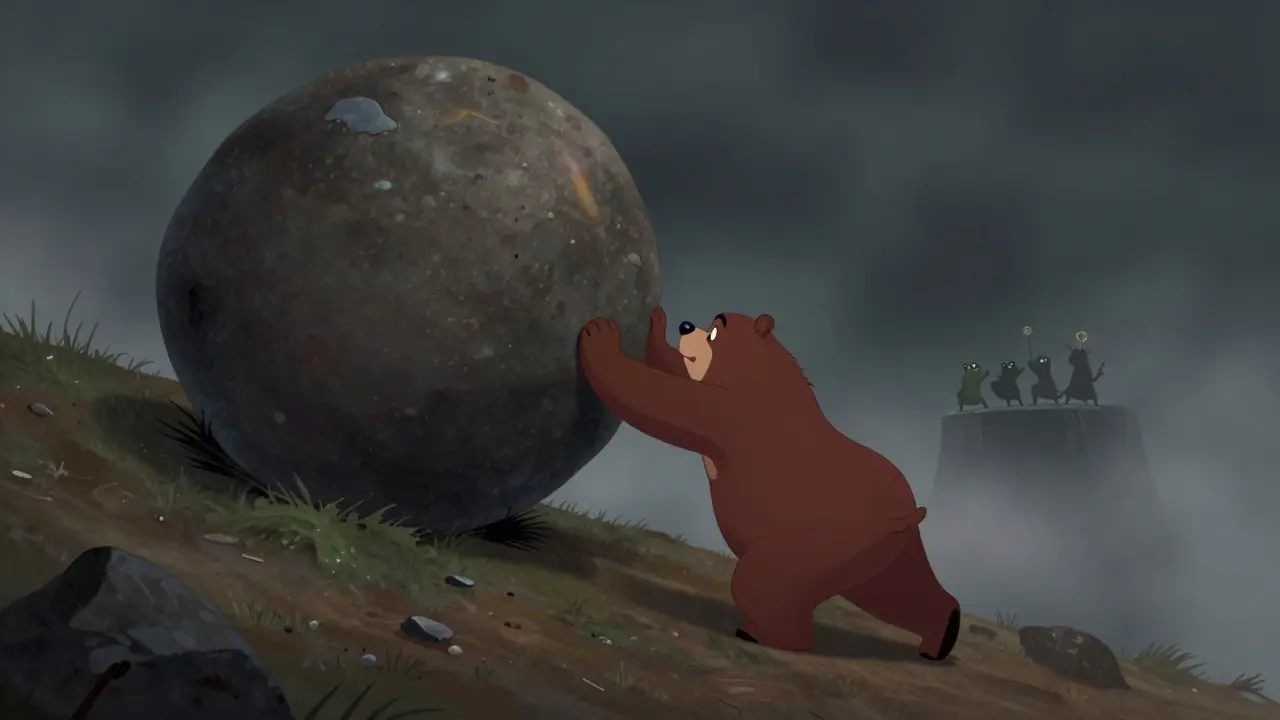 Cartoon bear struggling to push heavy boulder up slippery hill in misty fog