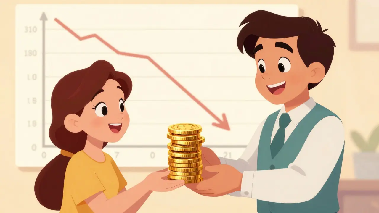 Cartoon characters celebrating low fees with golden coins and a simple chart