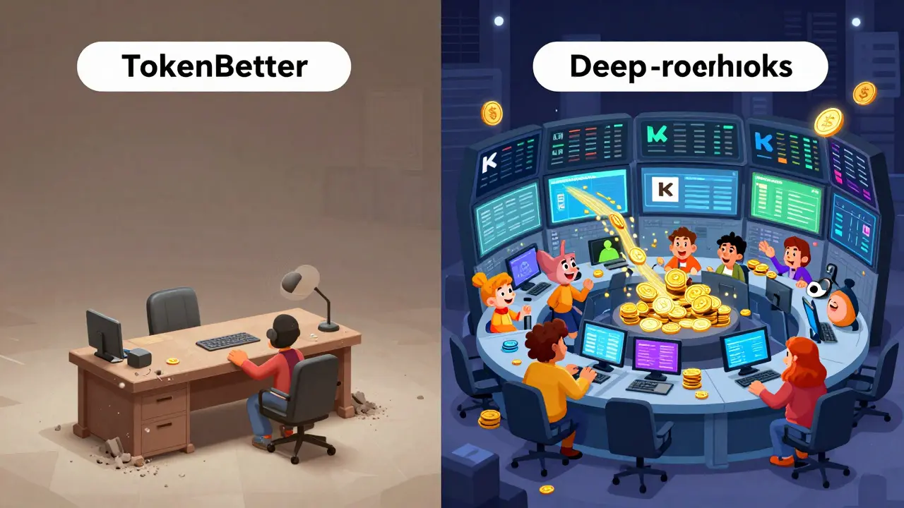 Cartoon comparison of empty risky exchange vs busy safe trading floor