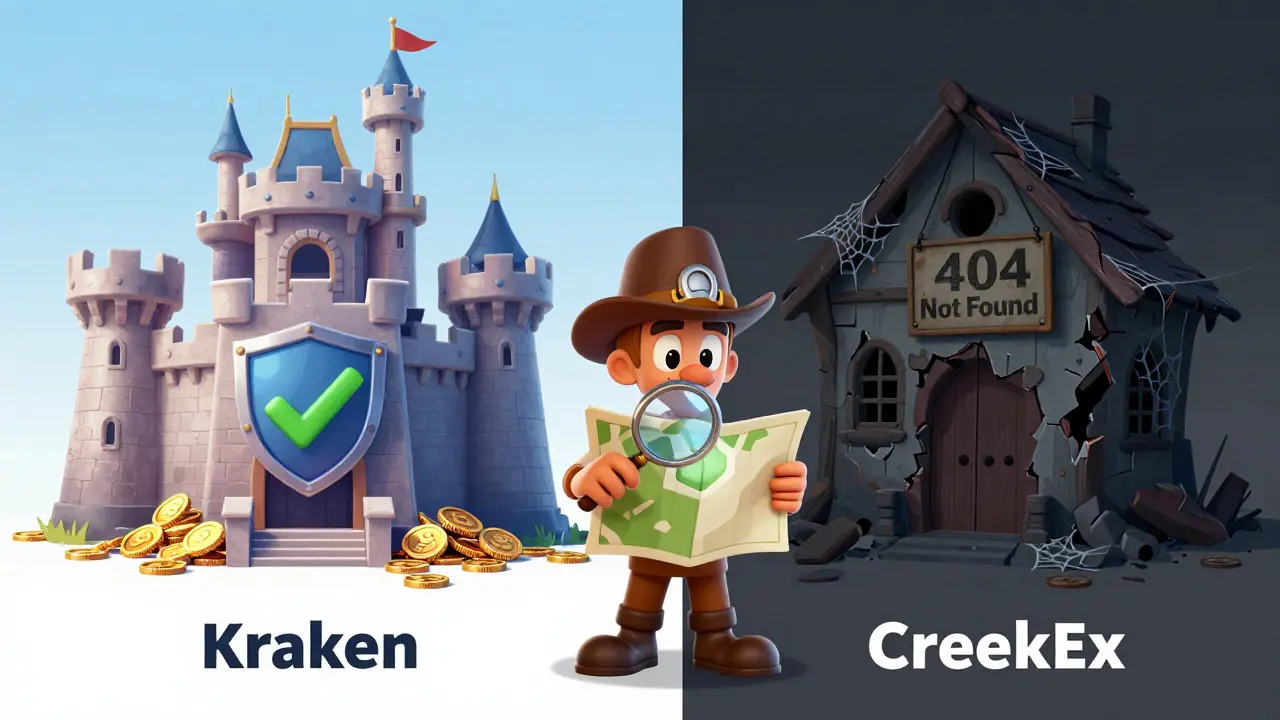 Cartoon comparison showing safe Kraken exchange vs empty, suspicious CreekEx site.