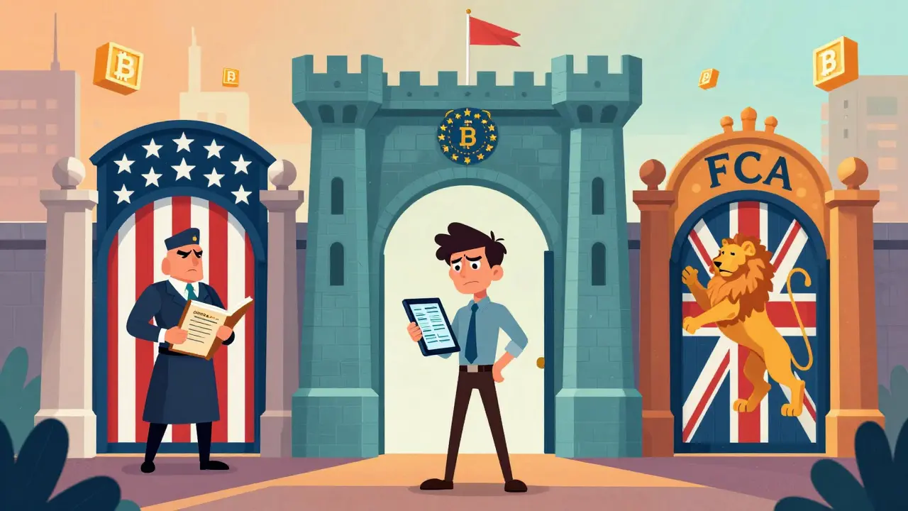 Cartoon entrepreneur facing three regulatory gates representing US, EU, and UK crypto laws.