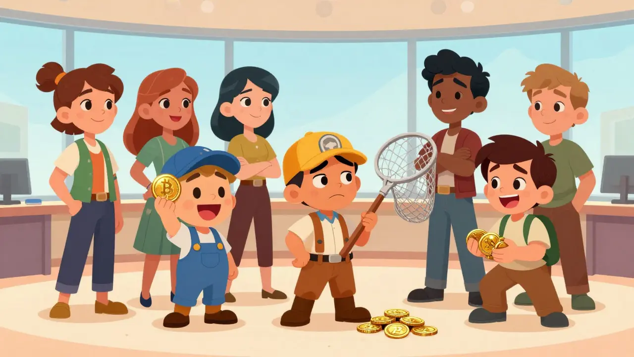Cartoon traders showing who benefits from limited but major crypto assets