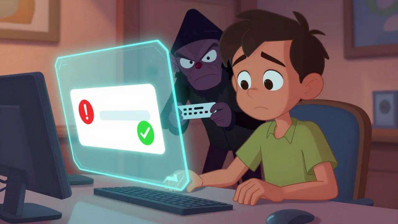 Cartoon user checking wallet safety while avoiding shadowy scammer