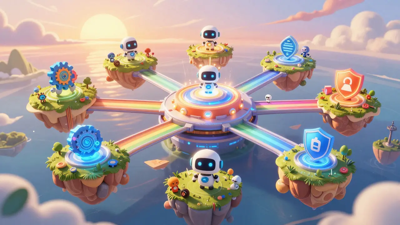 Colorful islands connected by bridges representing interconnected crypto networks