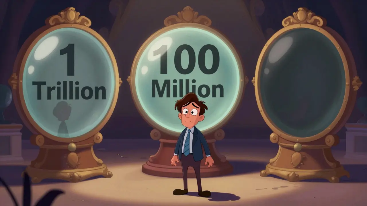 Confused character looking at mirrors showing conflicting crypto data numbers