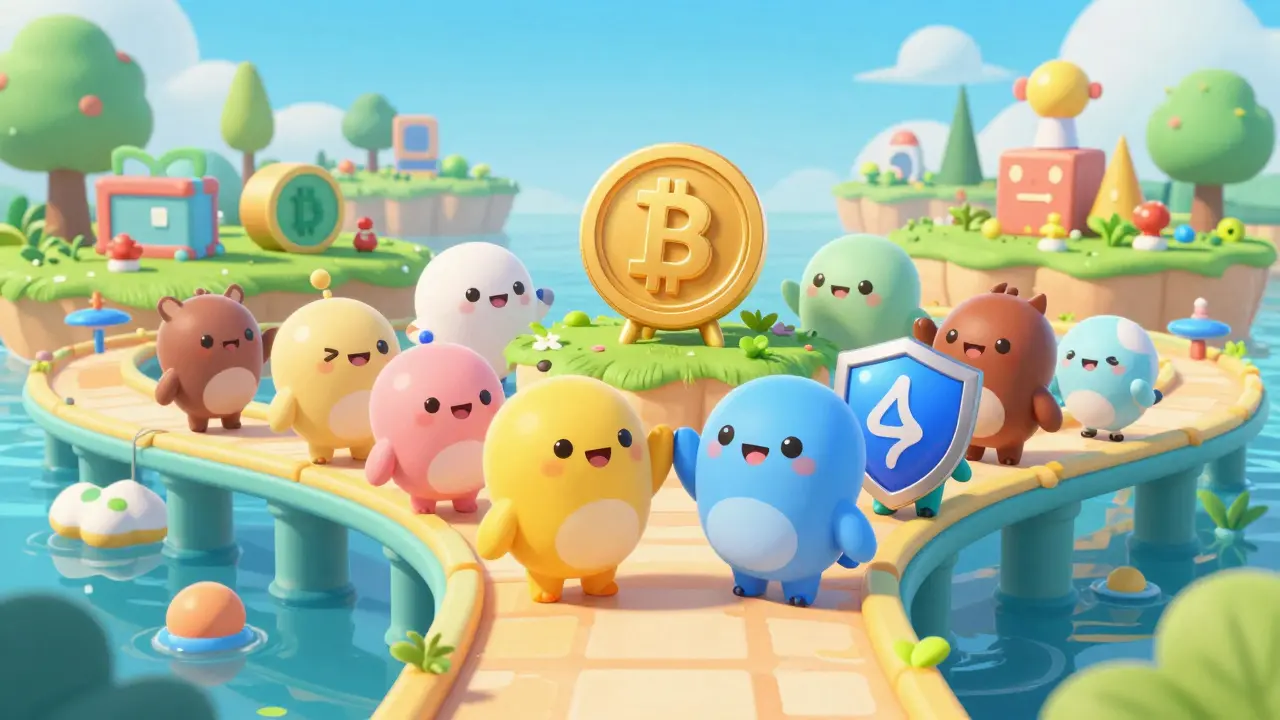 Cute crypto characters high-fiving on a colorful bridge
