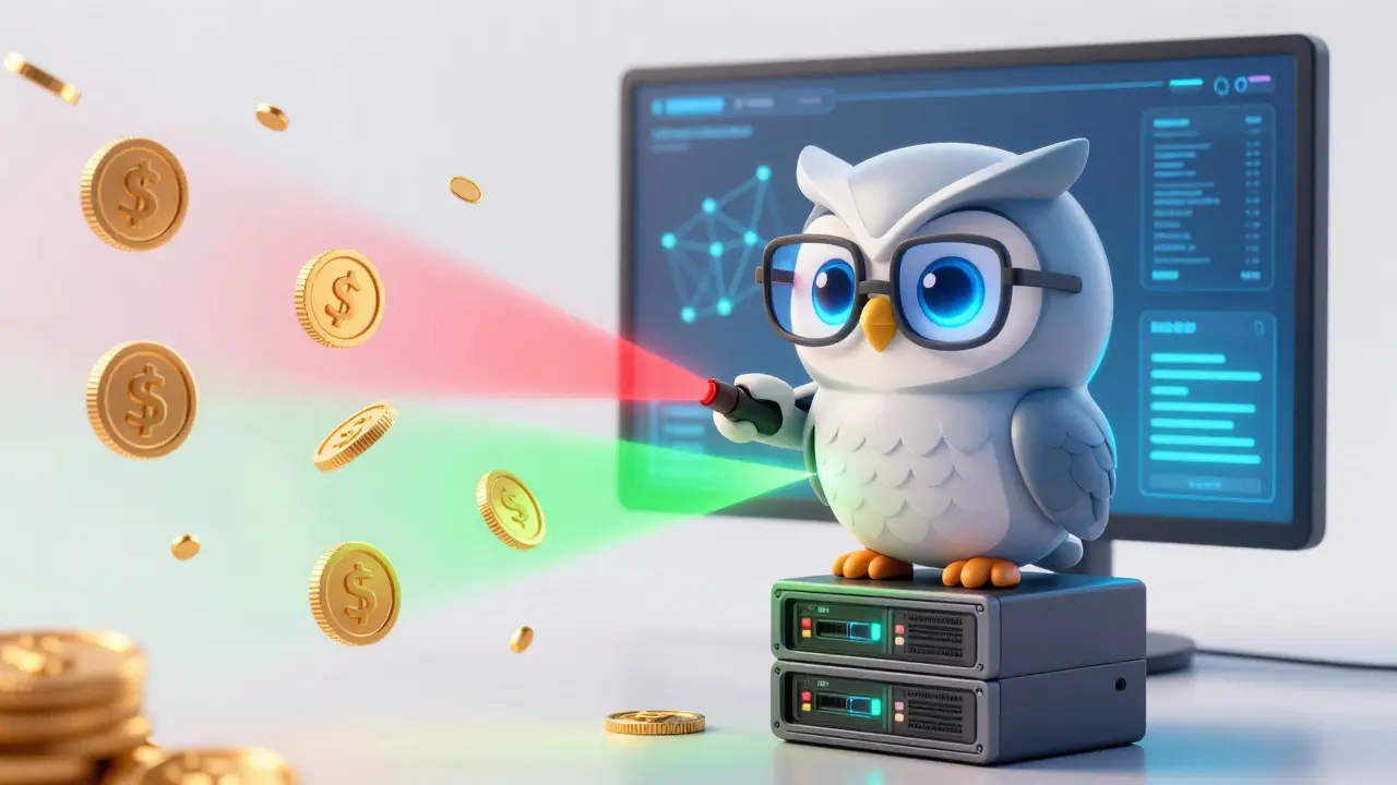 Cute robotic owl AI assistant scanning crypto tokens for compliance in a Disney style.