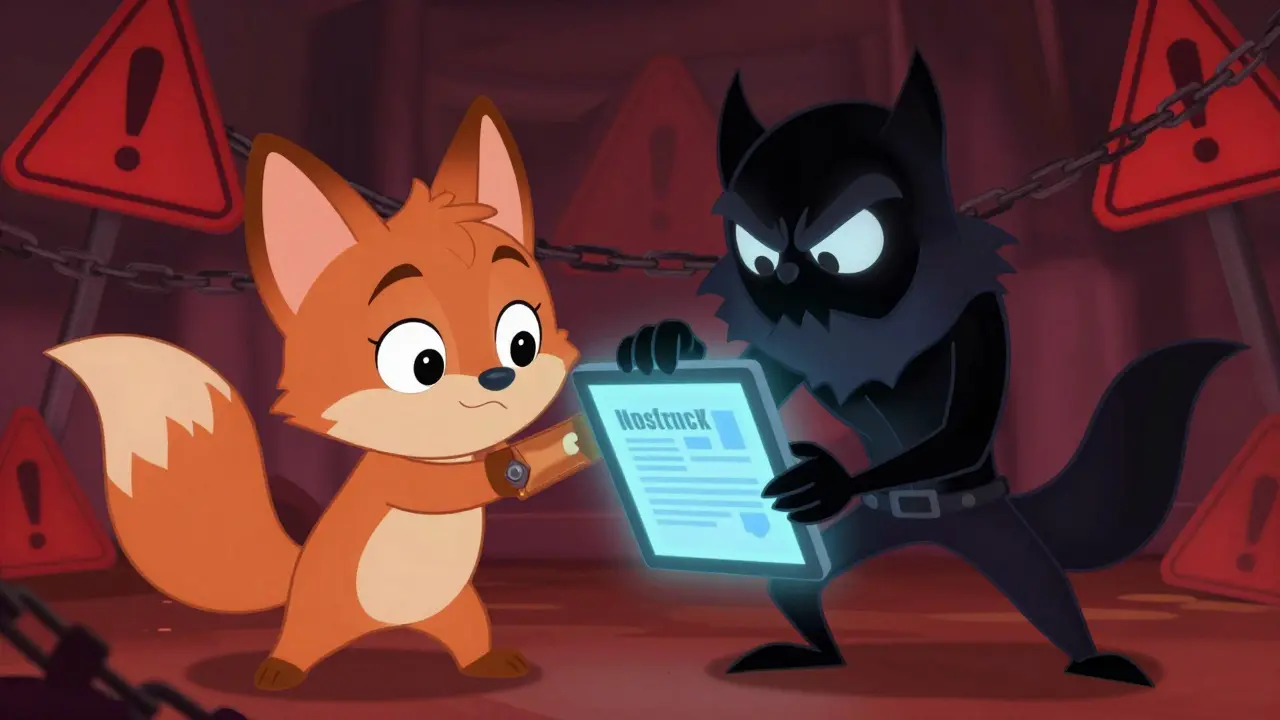 Cute wallet mascot being tricked by a shady scammer fox in Disney art style.