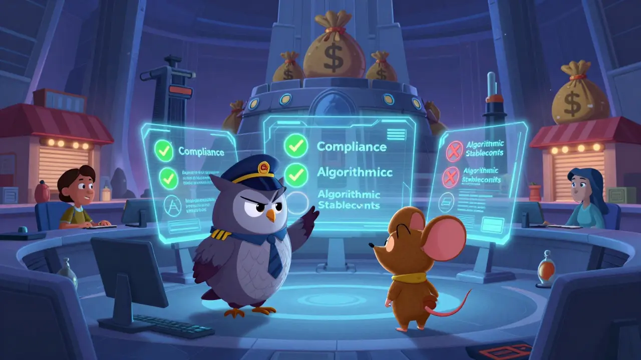 Disney-style scene of compliant exchanges growing while algorithmic stablecoins are banned.
