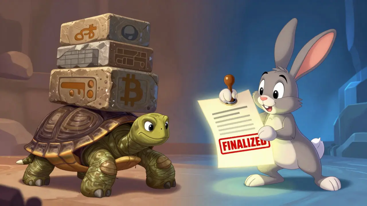 Disney-style tortoise and hare illustrating probabilistic vs deterministic blockchain finality