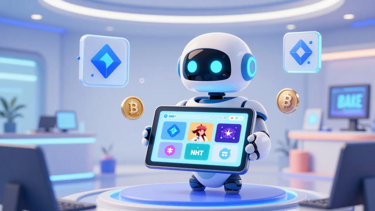 Friendly robot assistant showing unified NFT and swap interface