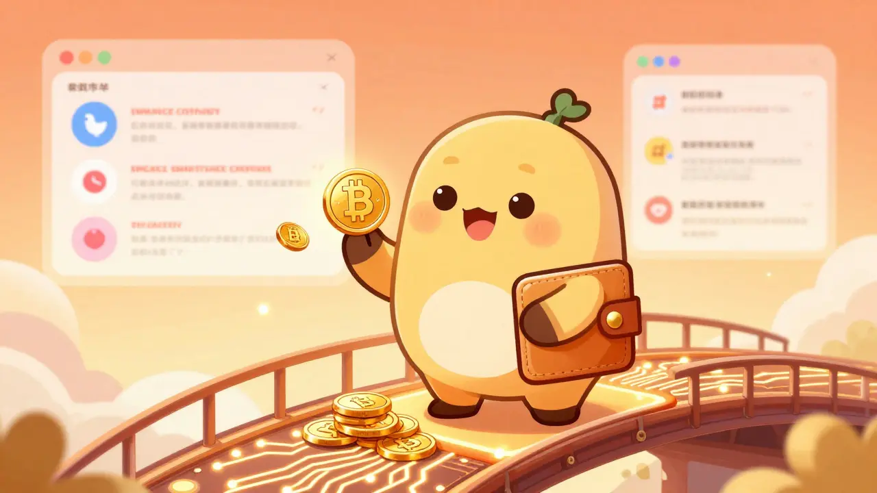Friendly wallet character holding gold coins on a glowing bridge representing crypto prep.