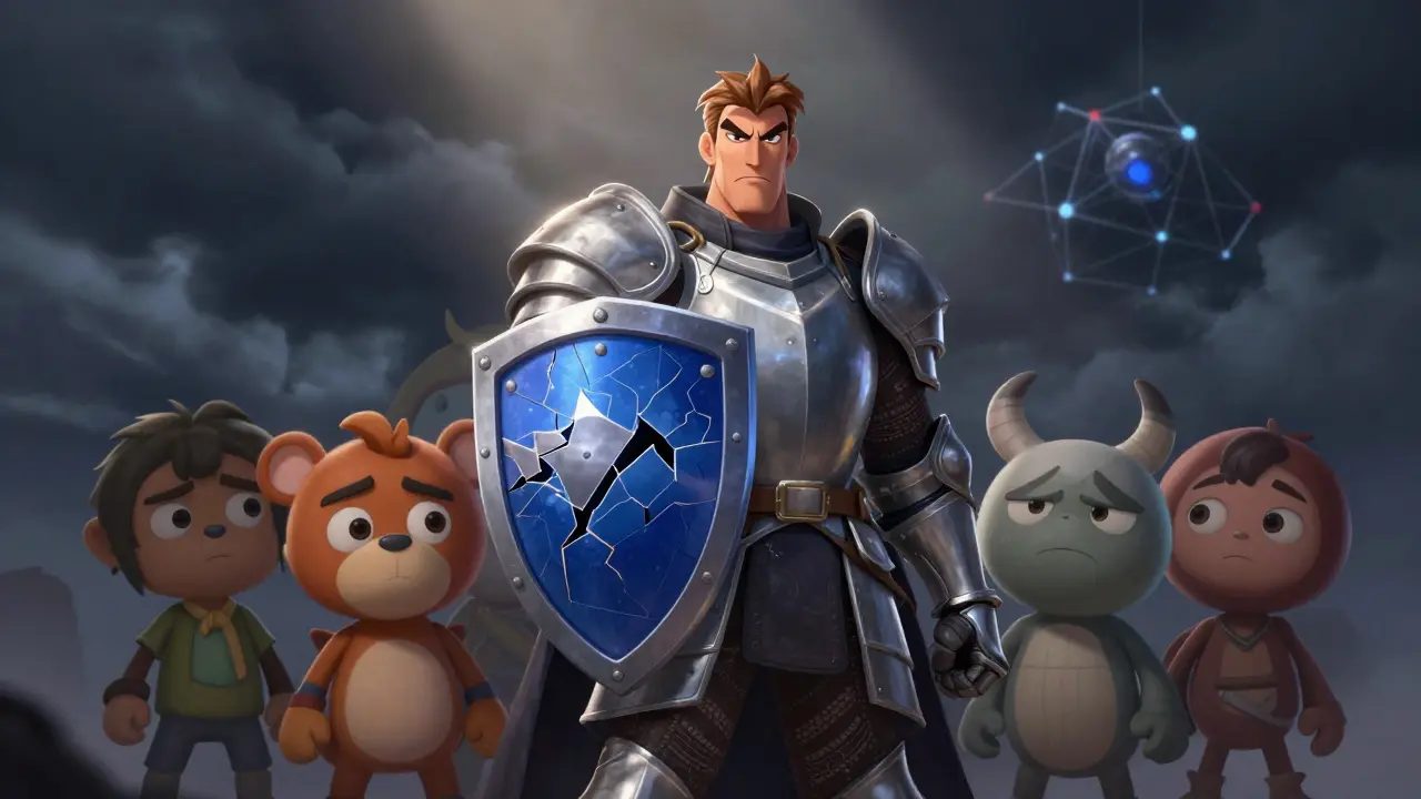 Guardian with shield protecting tokens from a stormy attack