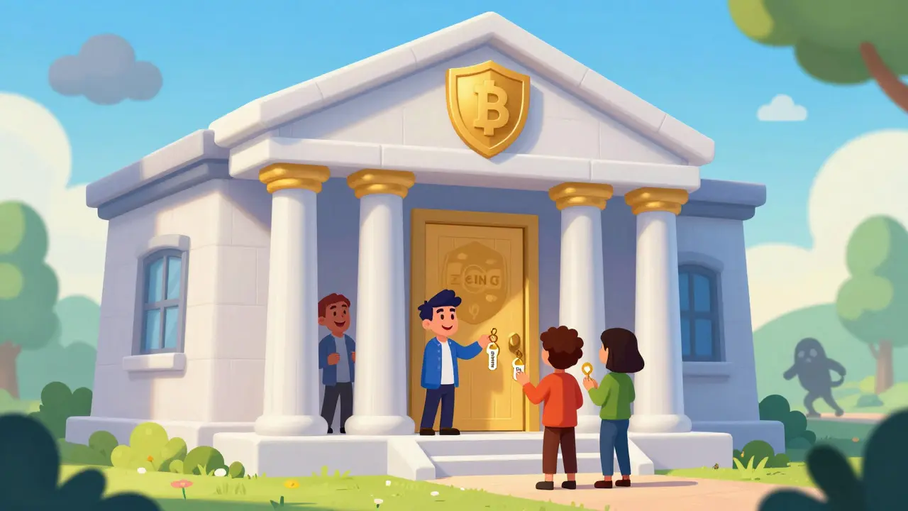 Happy users receiving safety keys from a secure, regulated exchange