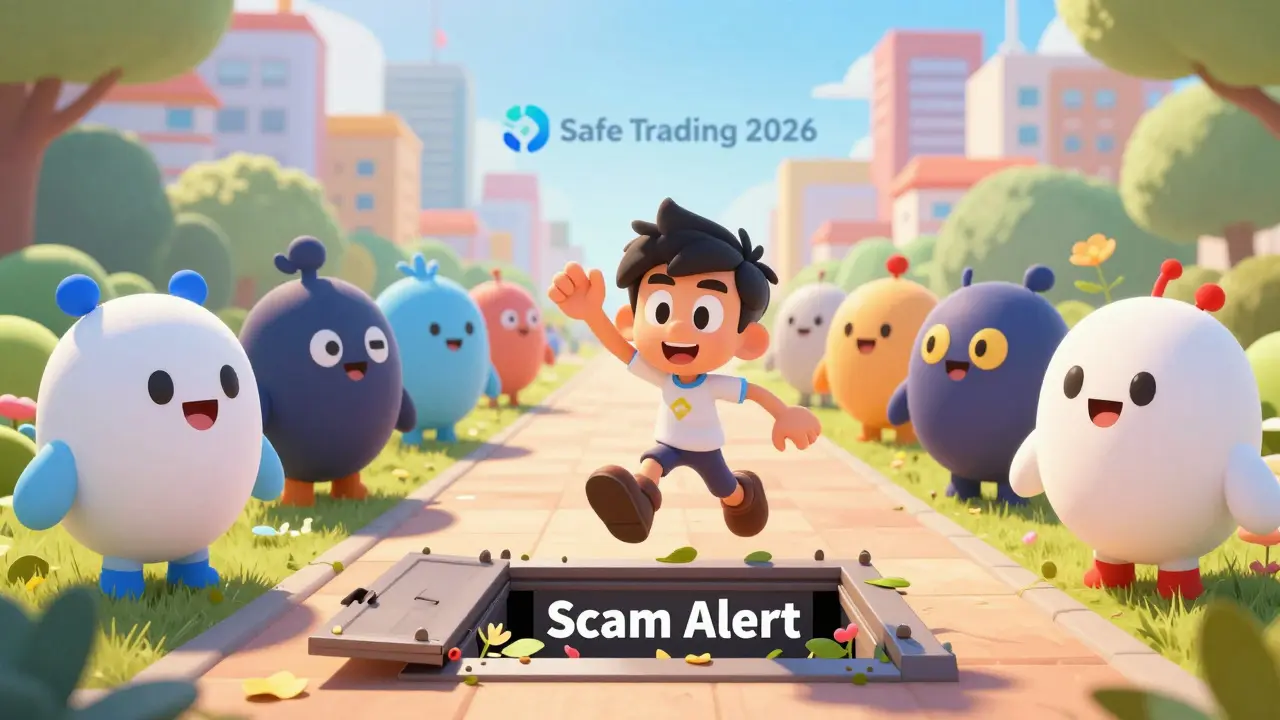 Hero choosing safe crypto path while avoiding hidden scam traps in Disney style.