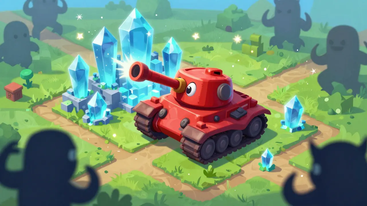 Heroic cartoon tank defending a crystal base against shadows in a vibrant game world.
