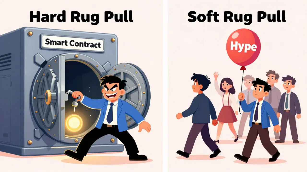 Illustration comparing hard and soft rug pull scams in crypto