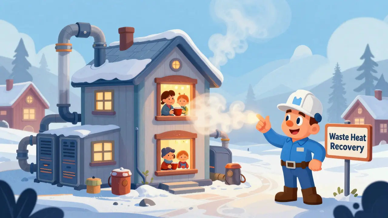 Illustration of a mining factory heating homes with waste heat in a snowy Swedish town