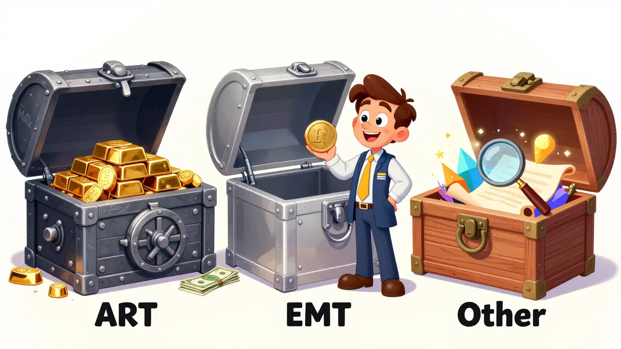 Illustration of three types of crypto tokens under MiCA rules: ART, EMT, and others.