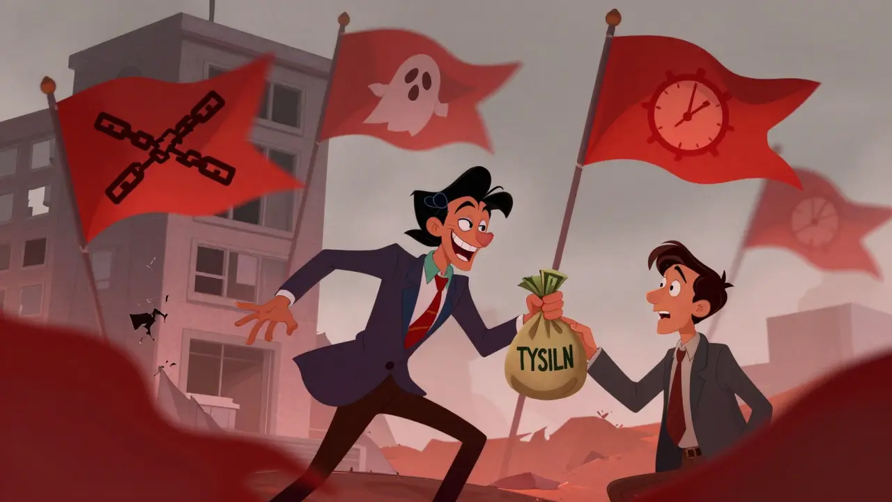 Illustration showing red flags and a scammer tricking an investor