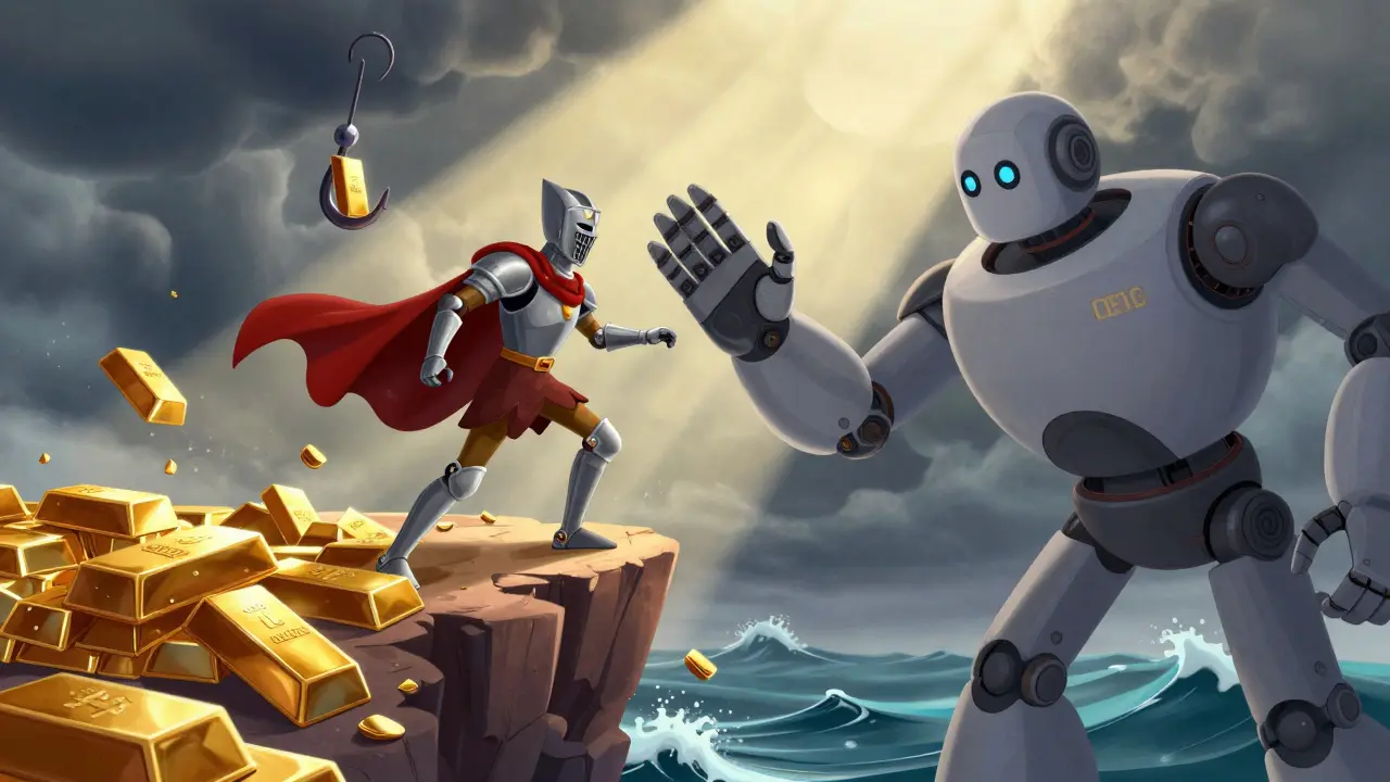 Knight on crumbling gold cliff dodging a phishing hook, symbolizing DeFi liquidation risks.