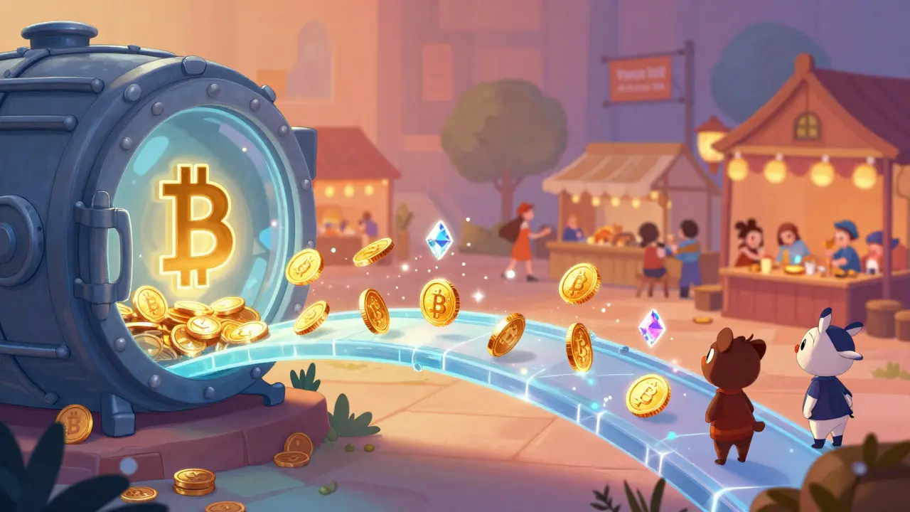 Magical bridge showing coins locking and unlocking between two blockchain worlds