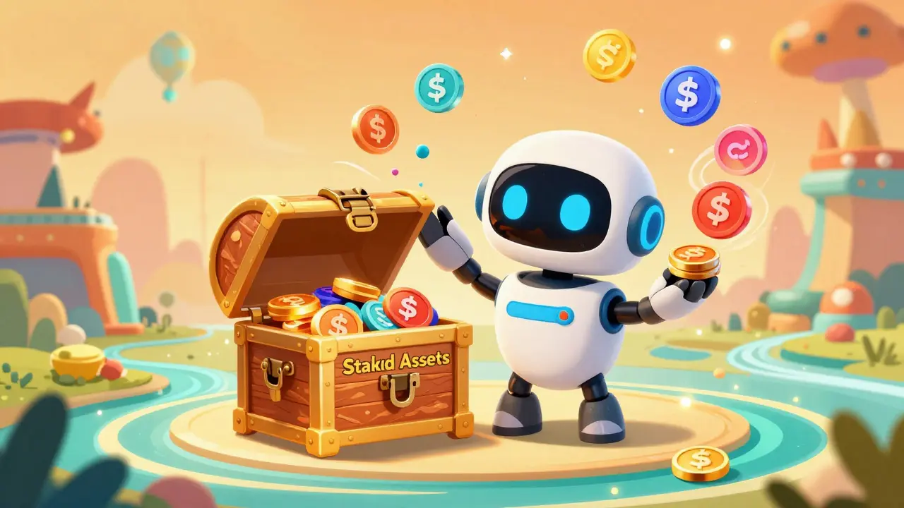 Robot transforming locked assets into floating liquid staking tokens in a magical setting