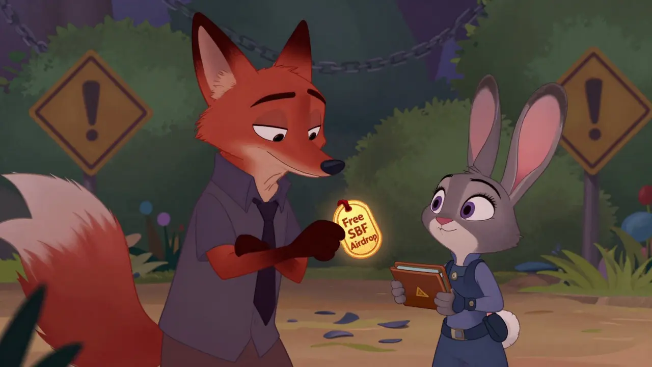 Scammer fox offering fake free tokens to an unsuspecting rabbit with a digital wallet