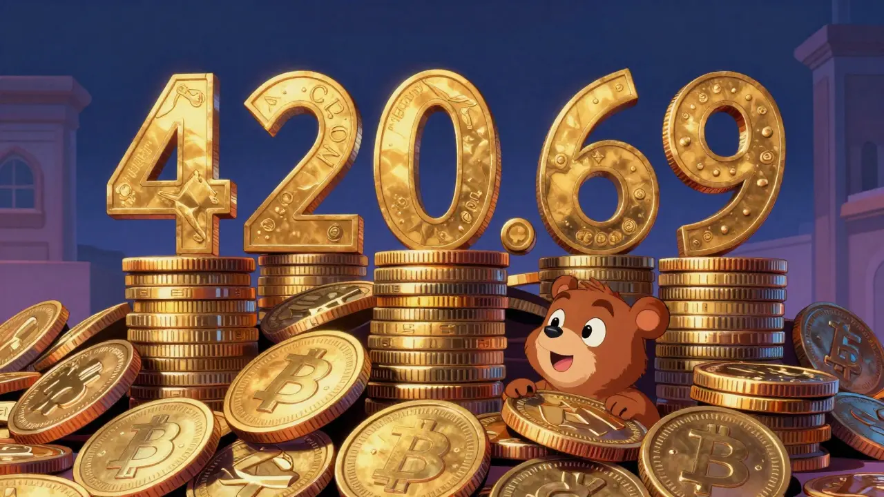 Tiny bear cub hiding behind giant stack of gold coins representing token supply