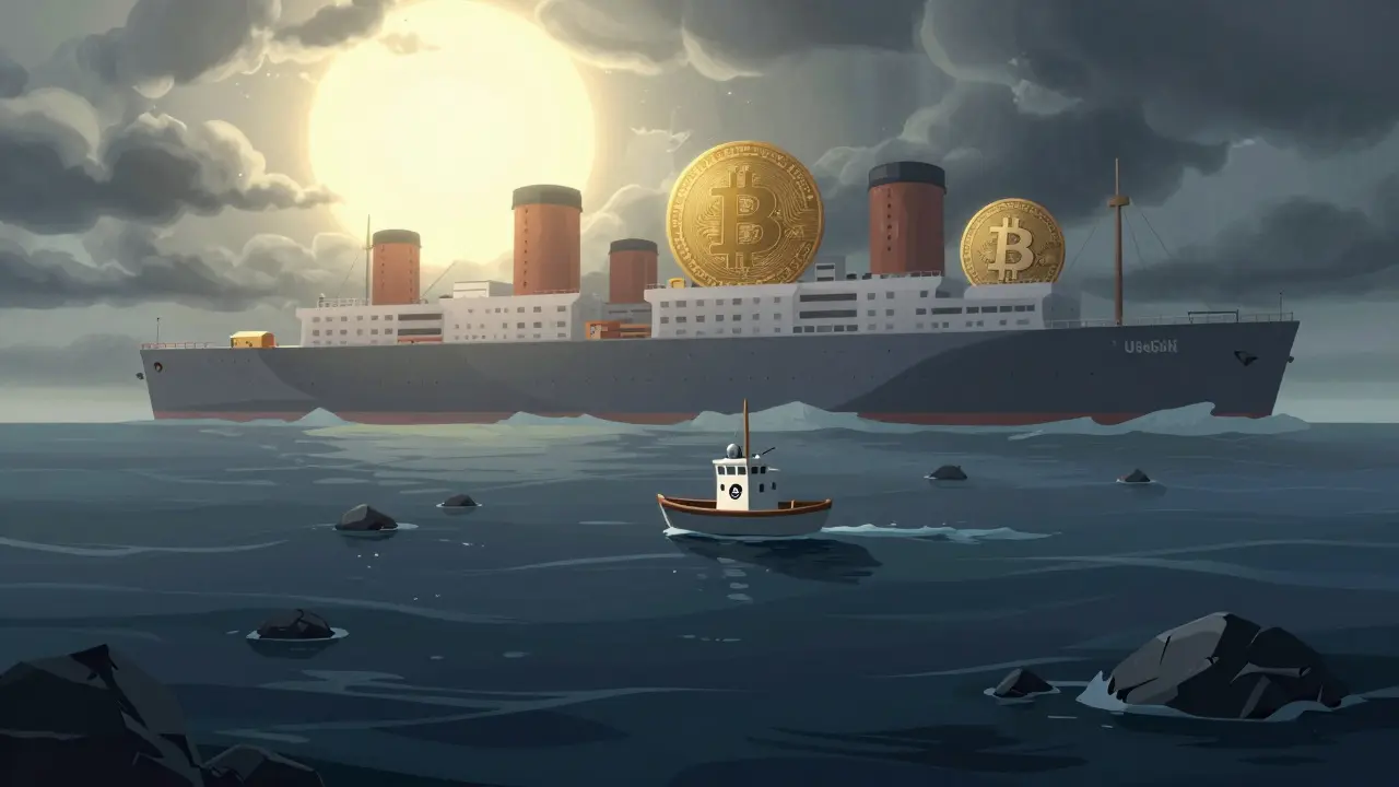Tiny boat drifting in stormy sea near giant ships representing major cryptos