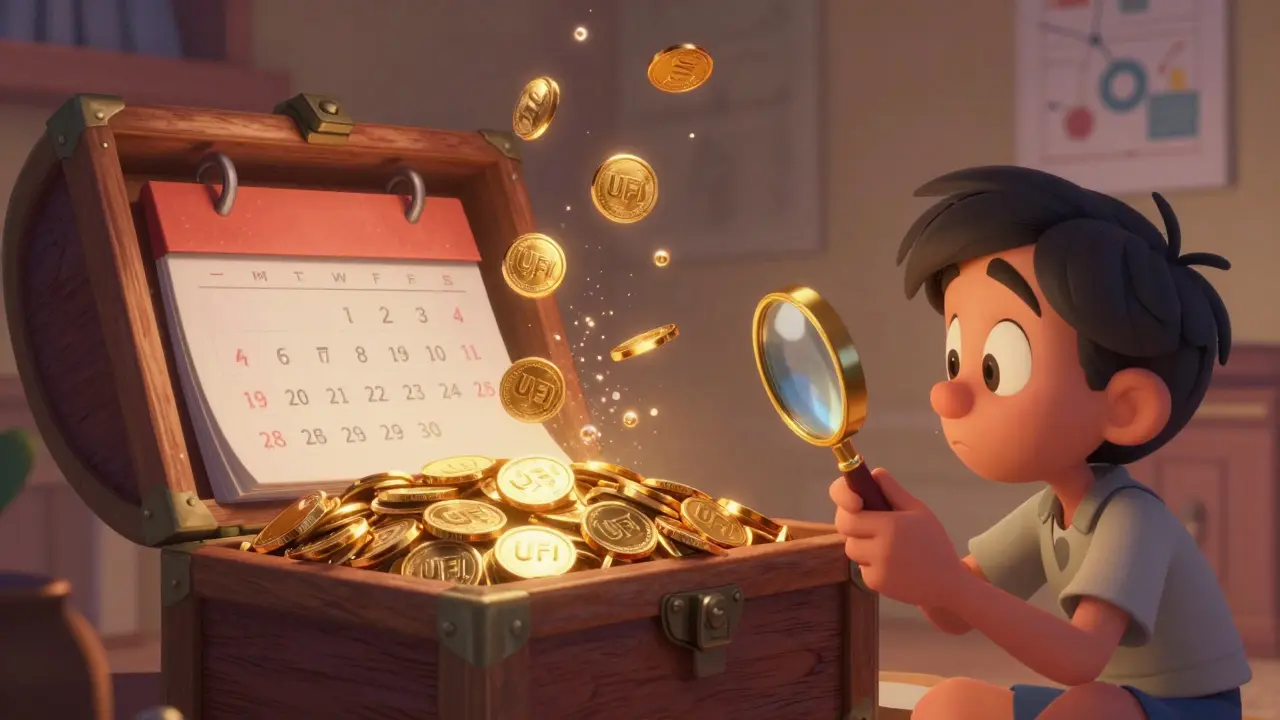 UFI tokens rising from chest with calendar showing vesting timeline