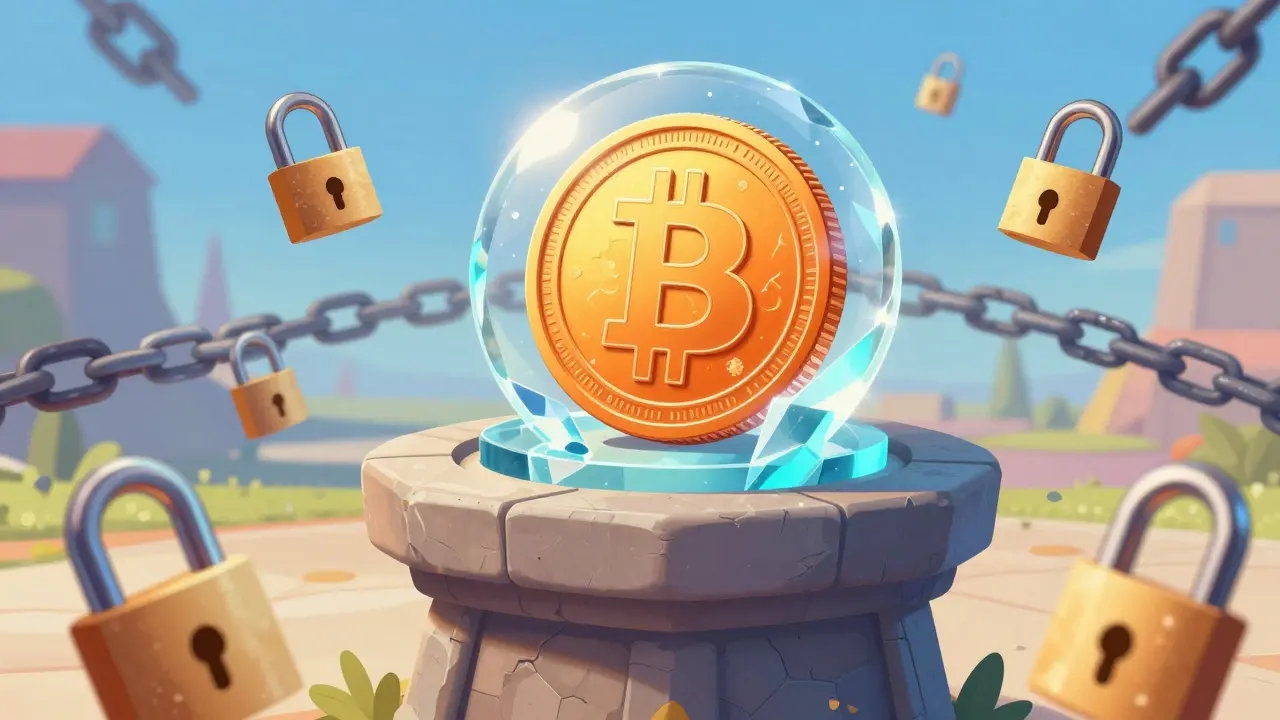 Unspendable Bitcoin coin locked in crystal barrier, cartoon style