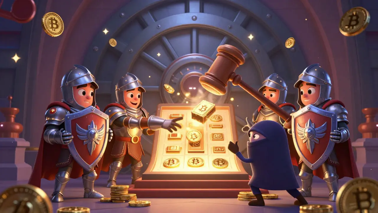 Validator knights protecting a ledger and punishing a thief in a Disney-style illustration