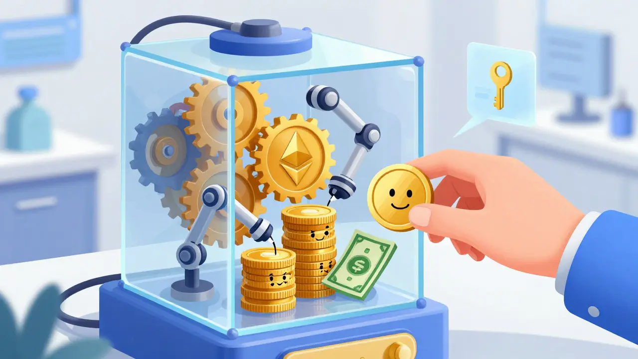 Whimsical glass machine sorting crypto tokens, illustrating automated lending mechanics.