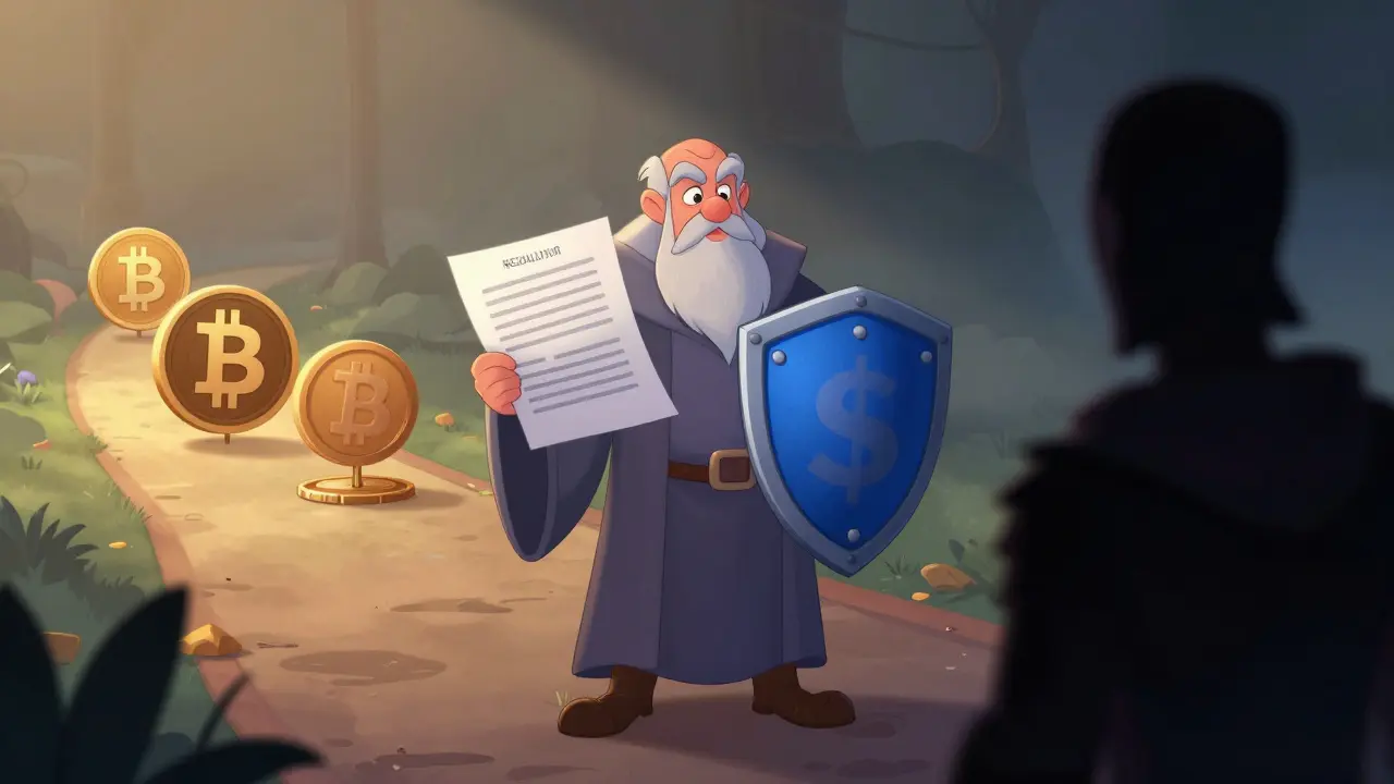 Wise guardian protecting an investor from crypto scams with a shield of regulations and facts.