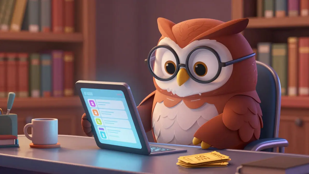 Wise owl checking a task list on a tablet in a library