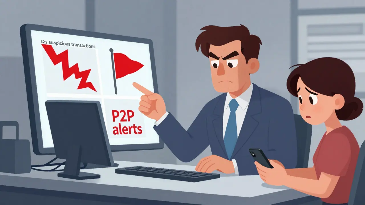 Bank manager reviewing suspicious crypto transaction flags