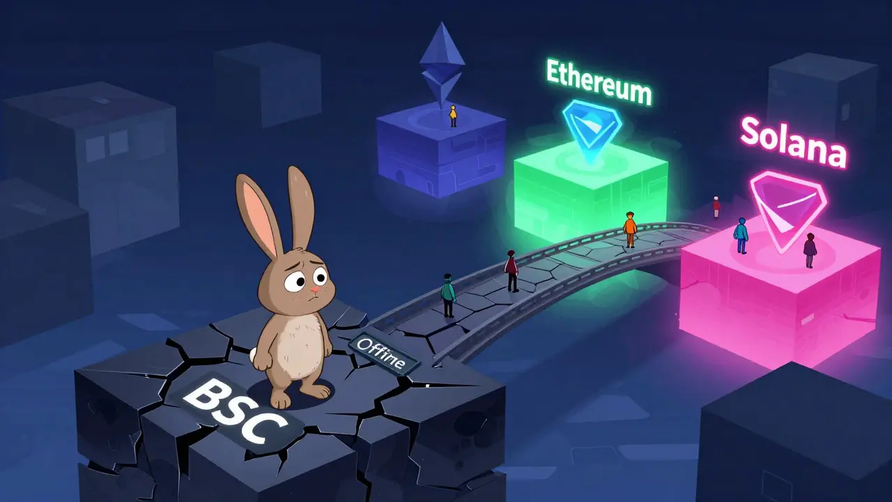 Cartoon rabbit confused by fragmented blockchain platforms and offline status.