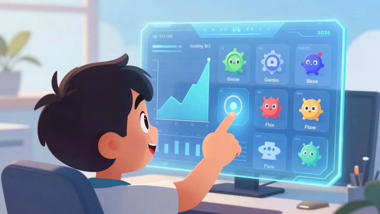 Character viewing a colorful holographic dashboard of blockchain node stats