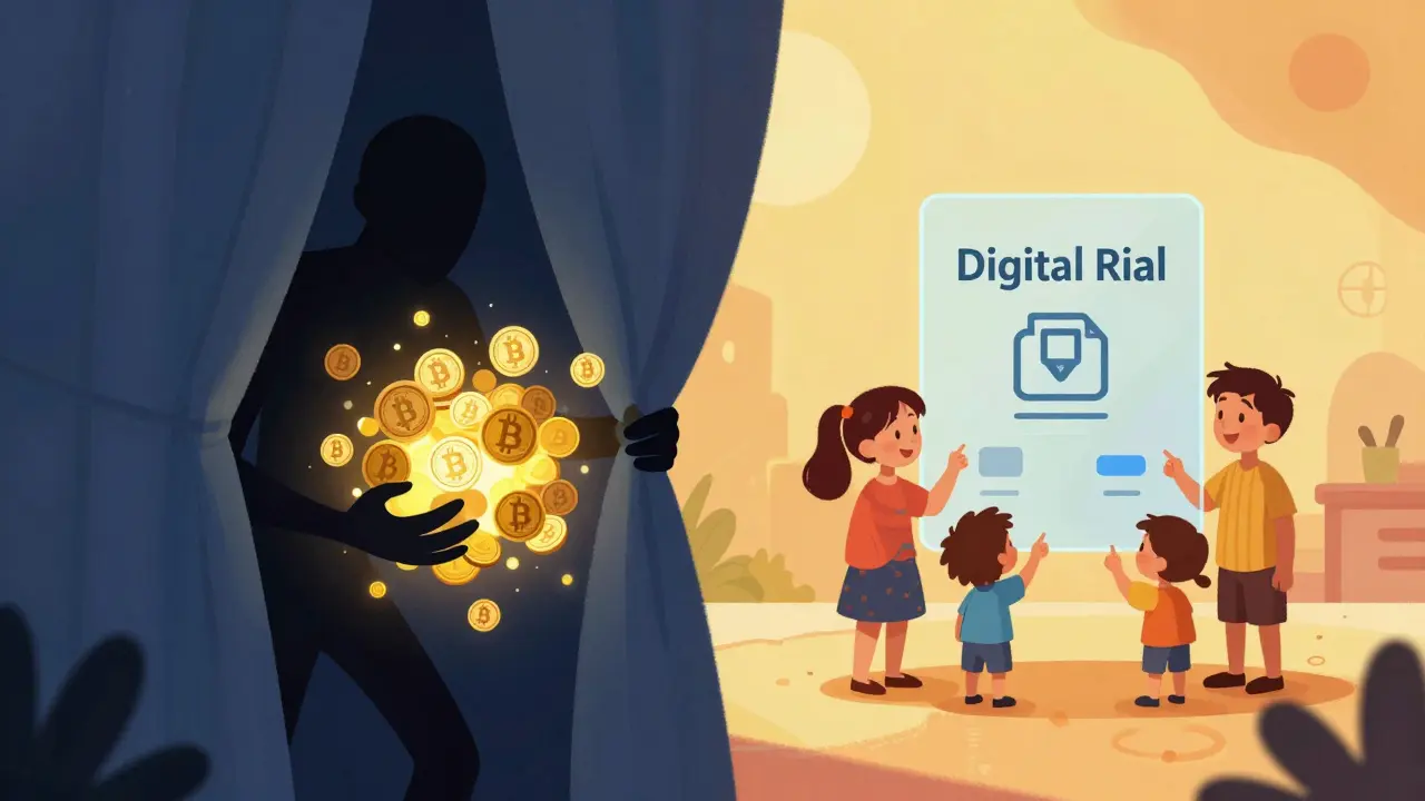 Contrast between hidden crypto trading and open digital rial usage.