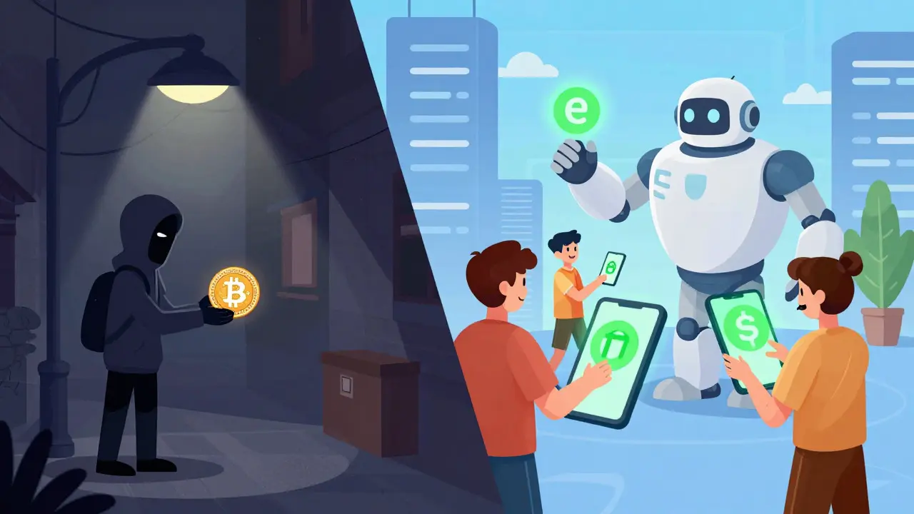Contrast between risky P2P crypto trade and safe e-CNY usage