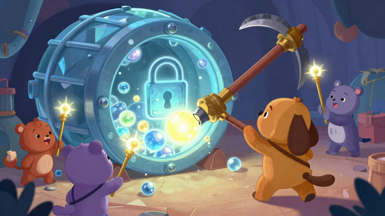 Cute characters mining tokens by depositing assets securely