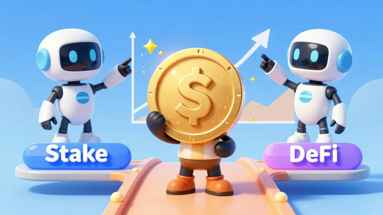 Cute Disney-style token character holding a growing stS coin, symbolizing liquid staking rewards and liquidity.