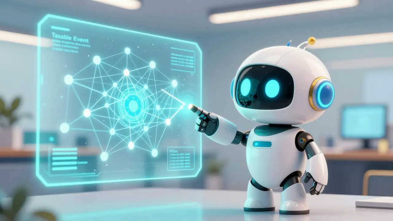 Cute robot assistant analyzing blockchain transactions on a holographic display.