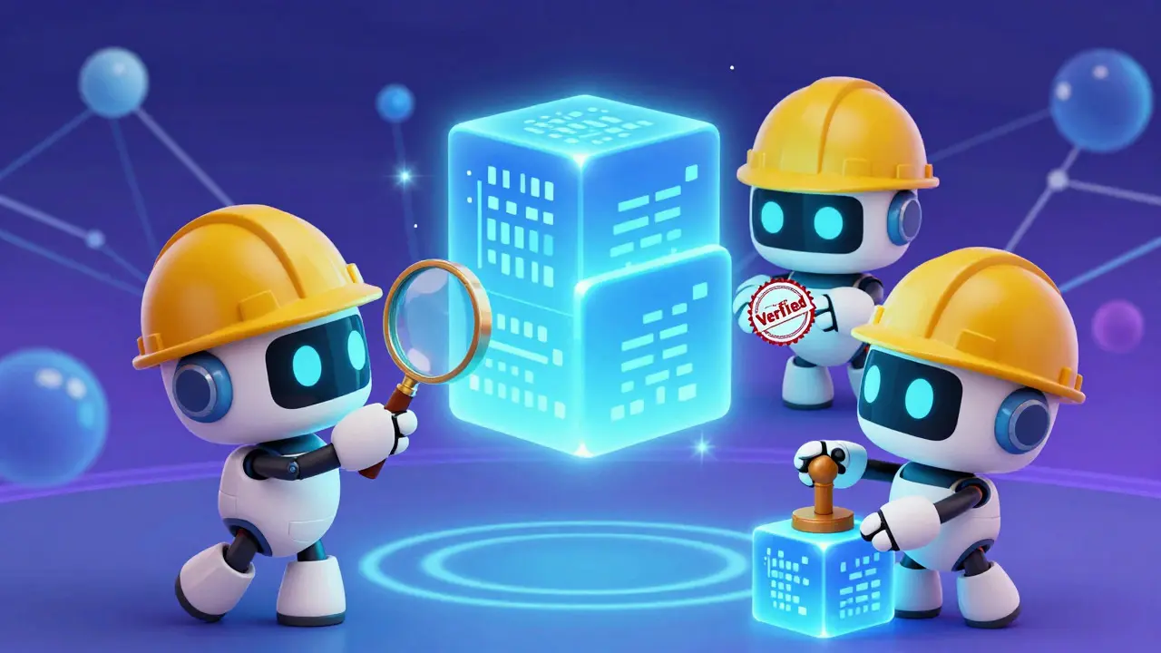 Cute robots verifying digital blocks in a whimsical blockchain network scene