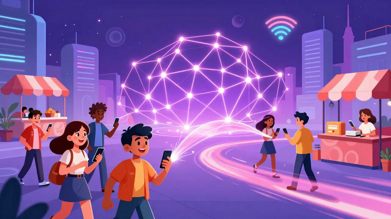 Disney-style art of people connecting via glowing network lines in a futuristic city.